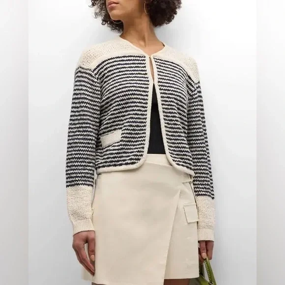 Tanya Taylor Ashton Organic Cotton Two Tone Sweater/Jacket White/Black Stripe - Picture 1 of 6